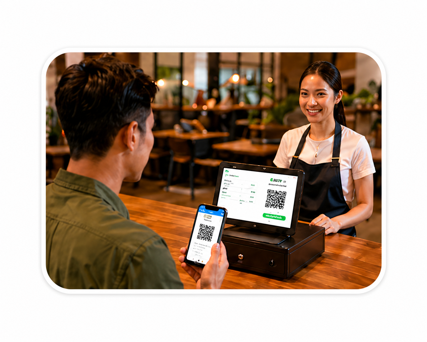 แคชเชียร์รับชำระเงินในระบบ POS ร้านอาหาร