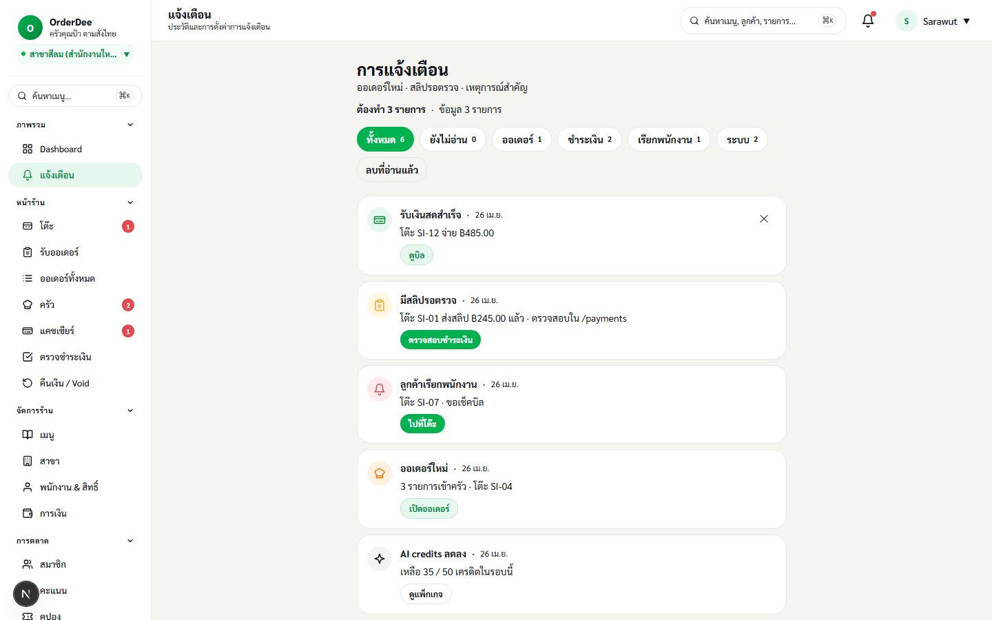à¸«à¸™à¹‰à¸² Notifications à¸‚à¸­à¸‡ OrderDee â€” filter chips + à¸à¸²à¸£à¹Œà¸”à¸£à¸²à¸¢à¸à¸²à¸£à¹à¸ˆà¹‰à¸‡à¹€à¸•à¸·à¸­à¸™