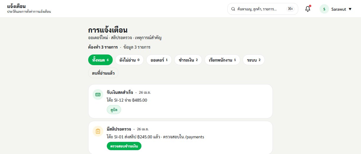 à¸«à¸™à¹‰à¸² Notifications à¸‚à¸­à¸‡ OrderDee â€” à¹€à¸›à¸´à¸”à¸ˆà¸²à¸à¸„à¸¥à¸´à¸ bell icon à¸šà¸™ Topbar