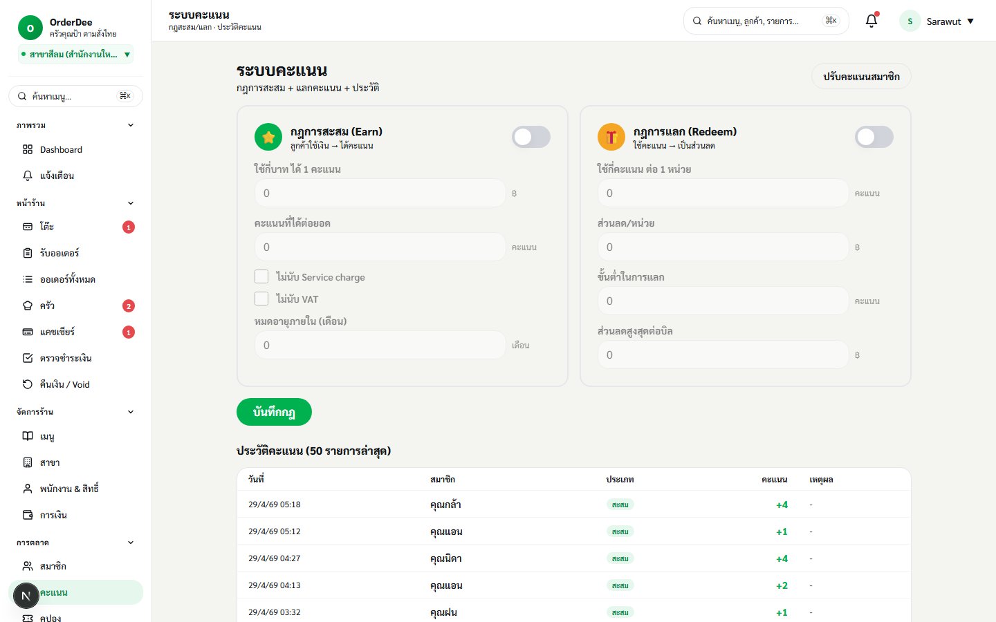 à¸«à¸™à¹‰à¸² Points à¸‚à¸­à¸‡ OrderDee â€” à¸à¸Žà¸ªà¸°à¸ªà¸¡/à¹à¸¥à¸à¹à¸•à¹‰à¸¡